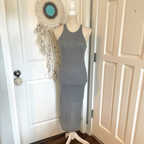Poof! Y2K Grey Ribbed Knit Maxi Dress with Tank Top & Side Slit – Size S - Picture 1 of 12